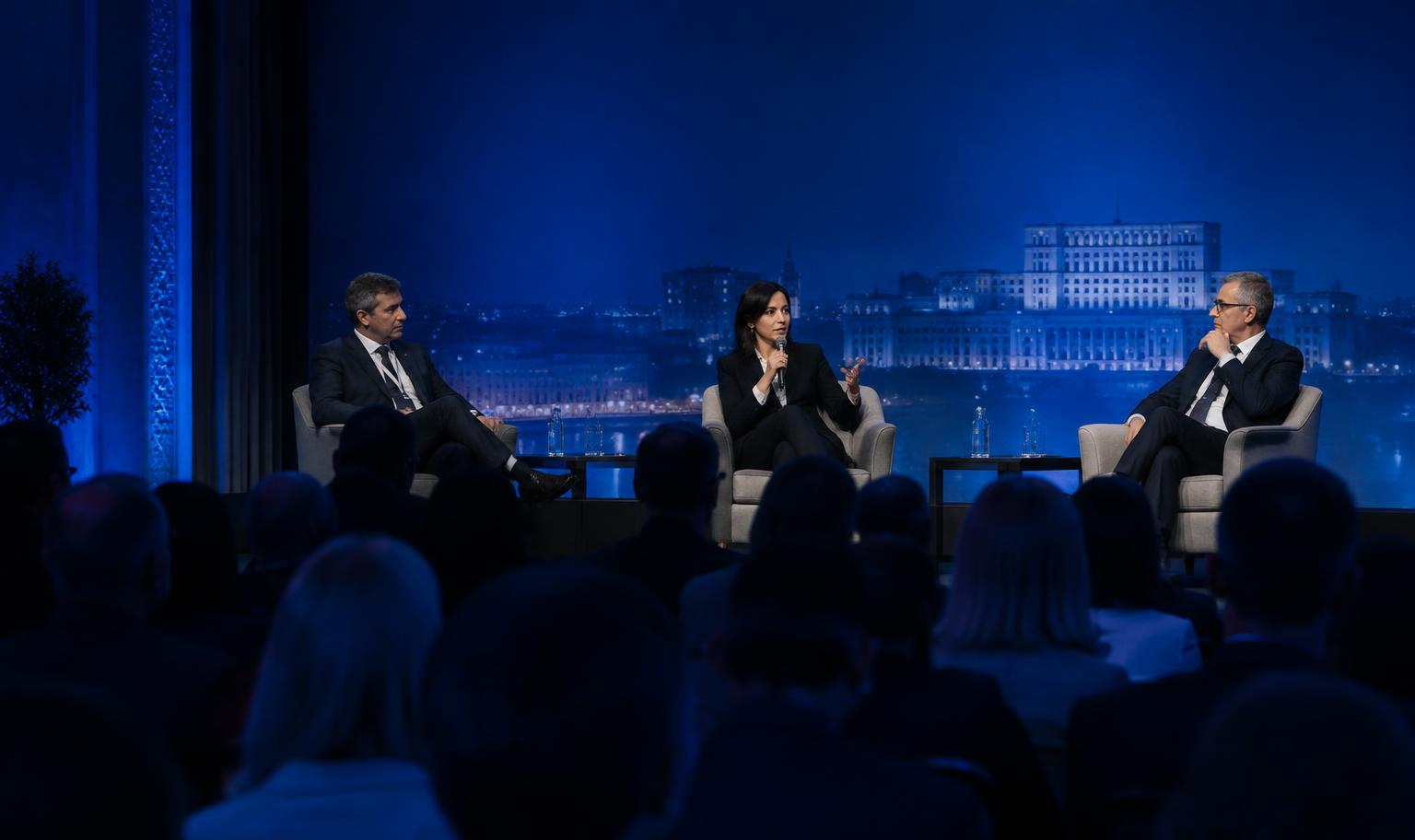 Panel discussion on a blue-lit conference stage