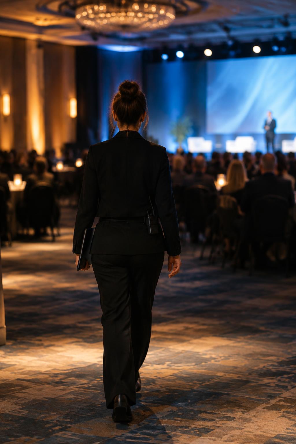 Event producer walking toward a conference stage