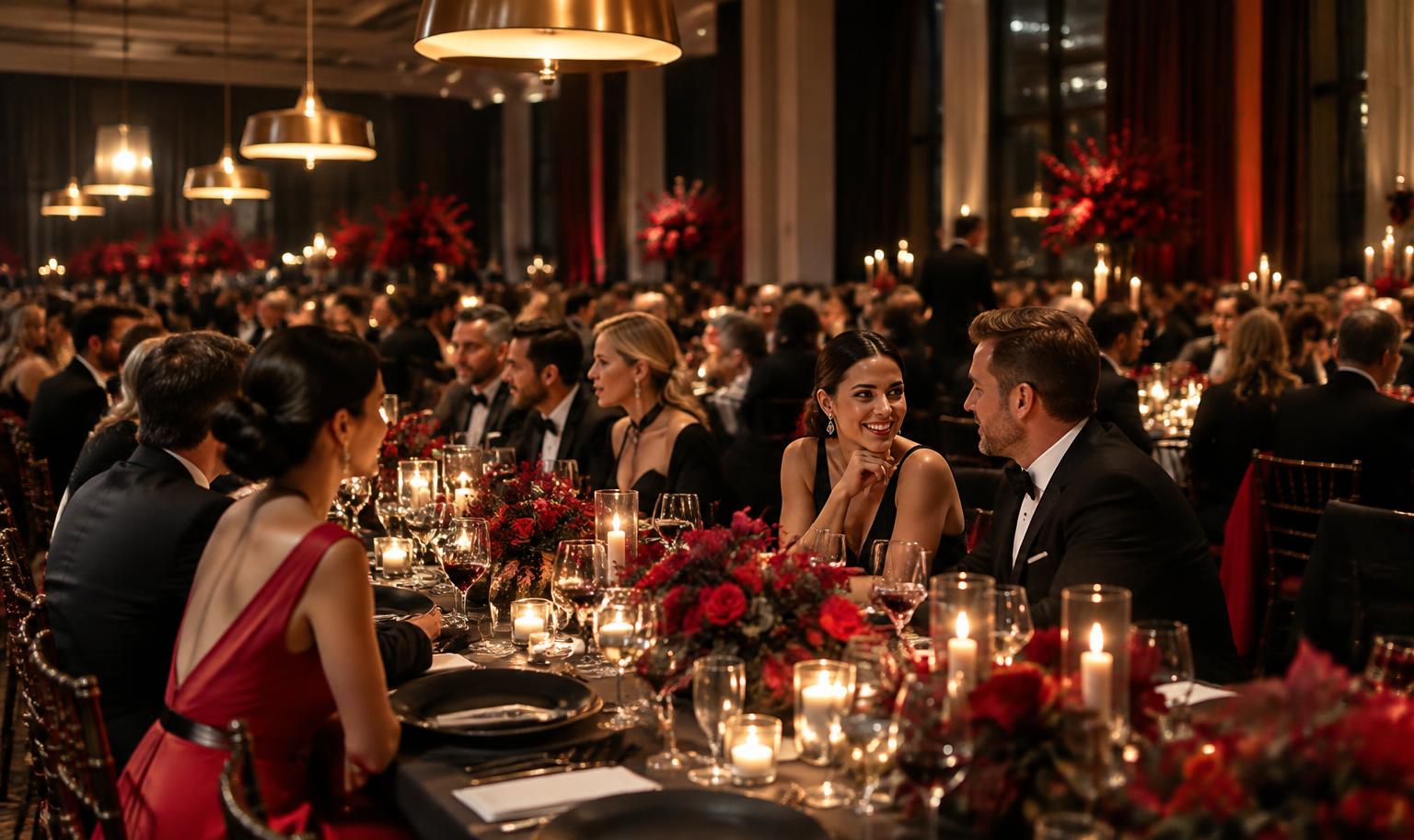 Guests speaking over dinner at a formal corporate gala