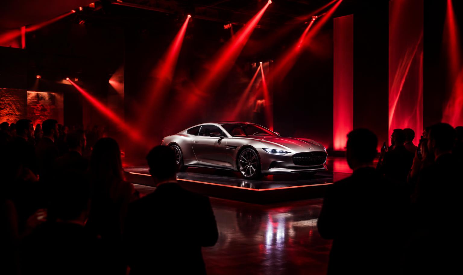 Automotive product reveal under red stage lighting